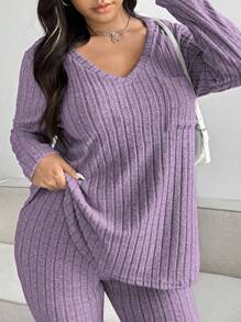 Vibekara 大码休闲纯色纹理条纹V领上衣和裤子套装 - 紫色 - 查看 7