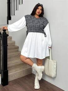 Comfortcana Retro Plaid Contrast Color Loose Fit Plus Size Women Long Sleeve Casual Dress - Multicolor - View 6