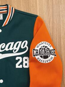 SHEIN 青少年男孩休闲运动数字和字母图案棒球领宽松长袖夹克，适合通勤、上学、日常休闲、旅行、运动、秋冬