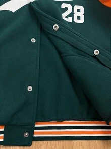 SHEIN 青少年男孩休闲运动数字和字母图案棒球领宽松长袖夹克，适合通勤、上学、日常休闲、旅行、运动、秋冬