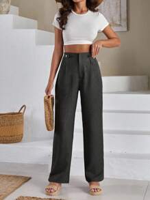 SHEIN Cottnline Women Front Two Sided Button Detailed Linen Pants - Dark Grey - View 5