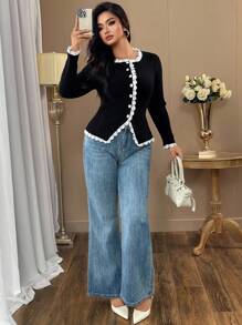 Elenzga Cárdigan elegante de manga larga con adornos de encaje y perlas falsas, y ribete contrastante, talla grande - Negro - Ver 6