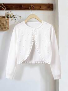 SHEIN Vintaside Kids Tween Girl Frill Trim Open Front Cute Cardigan With Long Sleeves - White - View 7