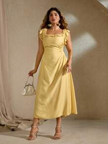 Flirla 大码女式法式浪漫荷叶边优雅沙滩裙，方领荷叶边袖，腰部收褶，喇叭裙，及踝长度，适合春夏季 - 黃色 - 查看 1