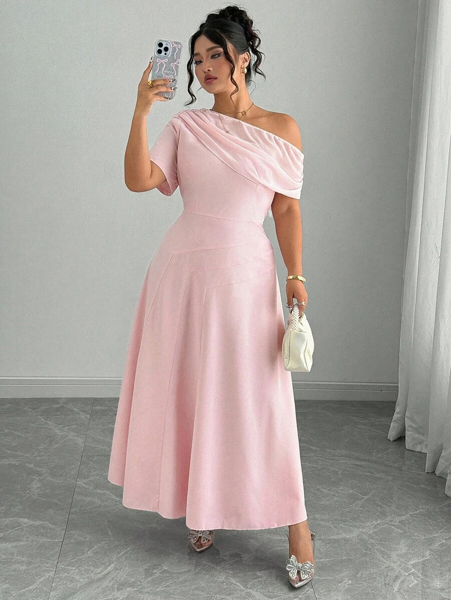 Elenzga Plus Size Women Solid Color Chiffon Splice Cold Shoulder Oblique Neck Waisted Split Design Maxi Dress, High-End Elegant Romantic - Pink - View 1
