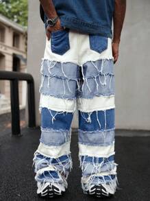 Manfinity Roghcode 哥特式长款蓝色牛仔阔腿牛仔裤，拉链设计，层次感十足，emo 风格 - 藍色 - 查看 2