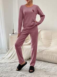 EURMUSE Butterfly & Letter Embroidery Ribbed Knit Homewear Set - Watermelon Pink - View 5