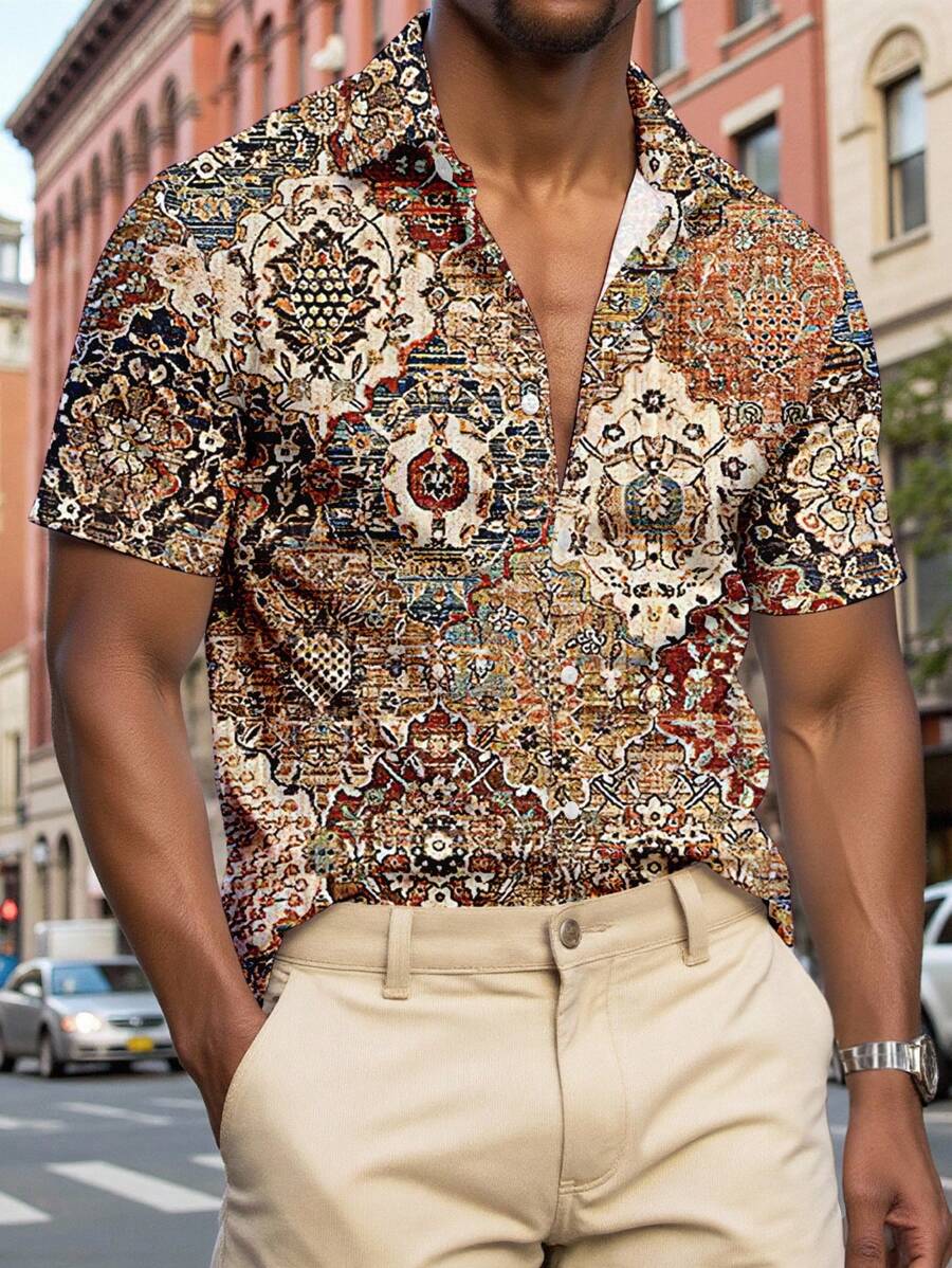 Manfinity Homme Áo thun polo tay ngắn dáng ôm vừa vặn thường ngày họa tiết thảm Comman thời trang dành cho nam - Nhiều màu - Xem 1
