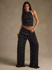 Hauture 性感夏季休闲纯色褶皱吊带上衣 - 黑色 - 查看 4