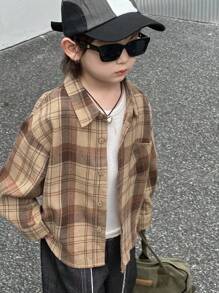 Dazy Kids 男童宽松格子长袖衬衫，休闲秋季款 - 棕色 - 查看 3