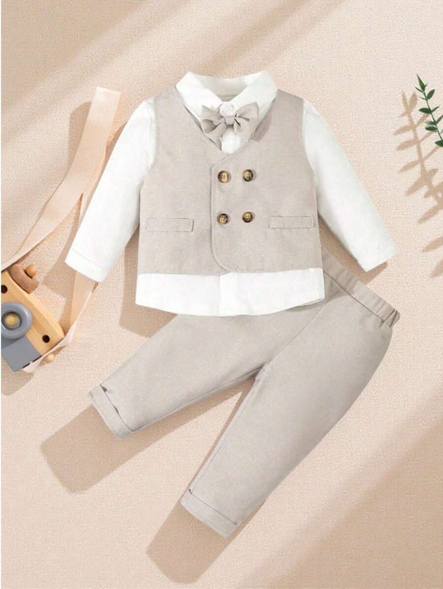 SHEIN 男婴绅士正装，3 件套领结衬衫 + 双排扣背心 + 裤子，适合生日派对、婚礼、洗礼、一个月庆典