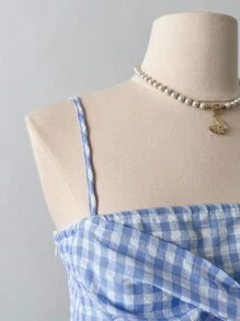 Franclia 优雅时尚细肩带蓝白格子交叉前褶皱女式夏季背心 - 藍白色 - 查看 3