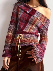 Bohemela 女士条纹露肩长袖腰系带针织衬衫 - 彩色 - 查看 7