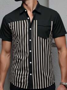 Manfinity Homme Camisa de manga corta, casual, de hombre, con rayas raglan, patchwork y hombros caídos, en unicolor, estilo maduro, para el verano