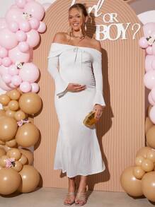 Loomaby Pregnant Women's Solid Color Off-Shoulder Tied Front Flare Sleeve Fishtail Hem Elegant Dress,Gender Reveal Dress,Maternity Dress,Baby Shower Dress