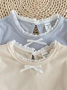 SHEIN 2 pièces Ensemble pour jeunes filles, débardeur uni abricot avec bordure bleue et col blanc à fleurs, débardeur à dos nageur avec fermeture à boutons