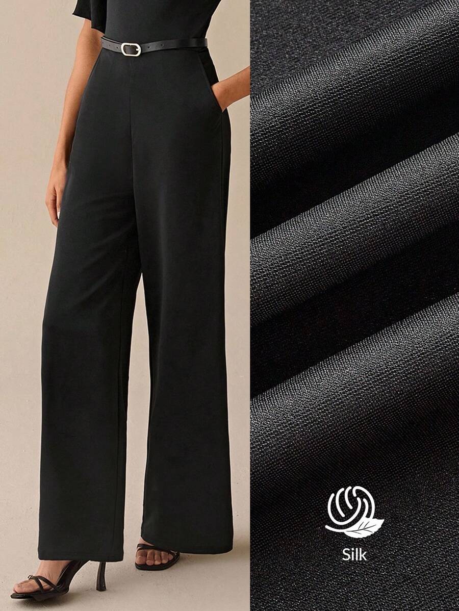 Lilora Salopetă elegantă pentru femei, cu mâneci evazate, în culoare solidă, de vară - Negru - Vizualizare 1