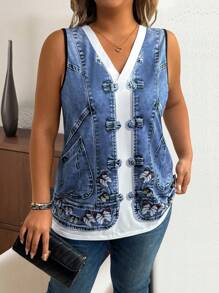 EMERY ROSE ملابس علوية كاجوال بياقة على شكل حرف V بدون أكمام مطبوعة بطبعة زهور ثلاثية الأبعاد على نسيج جينز اصطناعي، مناسبة للأوقات الحرة والعطلات للمرأة ذات المقاسات الكبيرة - متعدد الألوان - مشاهدة 4