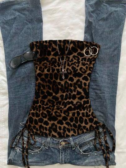 Attitoon Leopard Print Pattern Sexy Style Women's Scrunched Tie Front Bandeau Top Leopard Print Top Leopard Top Cheetah Print Top Animal Print Top Leopard Set Goth Suitable For Going Out