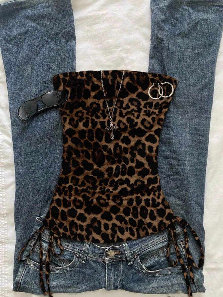 Attitoon 豹纹图案性感风格女式褶皱系带抹胸上衣 - 彩色 - 查看 1