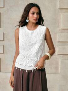 Arave Chaleco casual de estilo vacacional de primavera/verano con encaje calado, volantes y sin mangas en estilo francés chic para ir al trabajo
