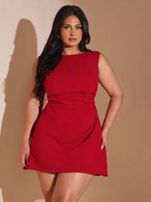 SHEIN BAE Christmas Plus Size Women's Red Ruched Mini Dress, Elegant Beach Vacation Dress For Spring/Summer,Edding Guest Dress Women,Birthday Dresses For Women,Going Out Outfits