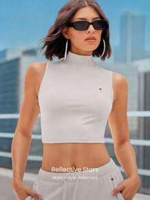 GLOWMODE Top de tirantes sin espalda con cuello alto de encaje, elástico, reflectante y transpirable, de nailon, para baile, yoga, pilates, barre y uso diario casual, de bajo impacto - Gris Claro - Ver 5