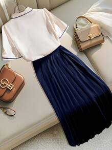 GlowEve 女士两件套优雅办公室装短袖衬衫和褶皱 A 字裙 - 藏蓝色 - 查看 2