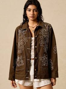 Easelle 女装春夏复古休闲波西米亚风欧美女孩个性时尚前卫现代街头重工抽象图案刺绣棉质翻领宽松棕色谷仓夹克秋冬 - 棕色 - 查看 3