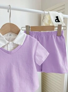 3-teiliges Lässig-Set für Baby Jungen: lila & weiße ärmellose Weste, Kurzarmhemd mit Kragen, Shorts - vielseitiges Outfit für Schule, Outdoor, Zuhause