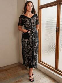 Anewsta 大码女式V领短袖束腰优雅蕾丝中长连衣裙 - 黑色 - 查看 6