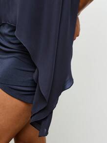 AiiRZ Áo cánh xếp lớp cổ yếm thác nước thanh lịch không tay cổ cao viền bất đối xứng áo dự tiệc mùa hè bồng bềnh - Màu xanh hải quân - Xem 6