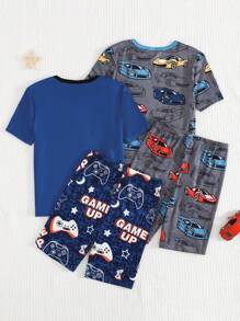 SHEIN 4 Pcs Tween Boy Casual Comfortable Letter Video Game, Colorful Car Print Short Sleeve T-Shirt And Shorts Set, Loungewear Snug Fit Tween Boy Pajama Shorts Sets Back To School Fashion - Multicolor - View 2