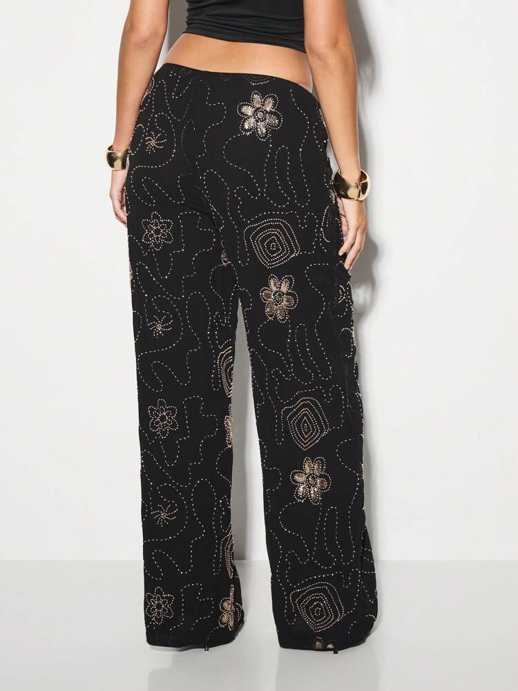 KIZN Wide Leg Palazzo Pants With Beaded Floral Pattern