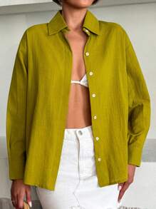 EURMUSE Blouse en lin vert olive pour les vacances d'été
