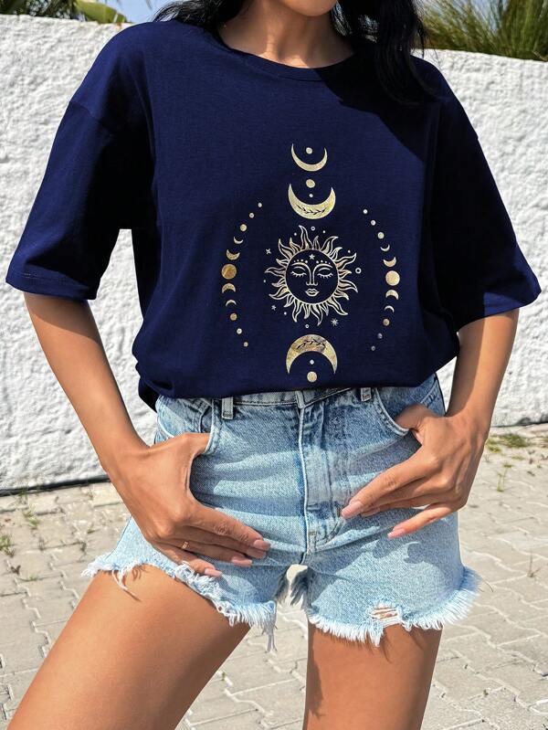 100% Baumwoll Schwarzes T-Shirt mit goldfarbener Verzierung
