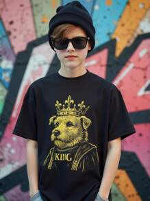 Boys' Casual Short Sleeve T-Shirt With Dog King Crown Graphic, All Season - Black - View 1
