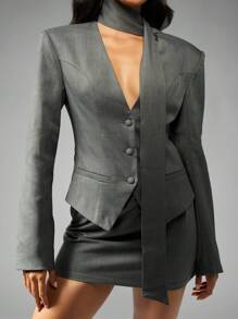 MISSGUIDED Váy ngắn Blazer không cổ có dây buộc cổ, đệm vai có cấu trúc, trang phục công sở chuyên nghiệp cho khách dự tiệc cưới mùa thu đông - Xám - Xem 1