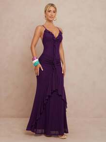 Lumalex 女式无袖荷叶边下摆美人鱼紧身连衣裙 - 紫色 - 查看 4