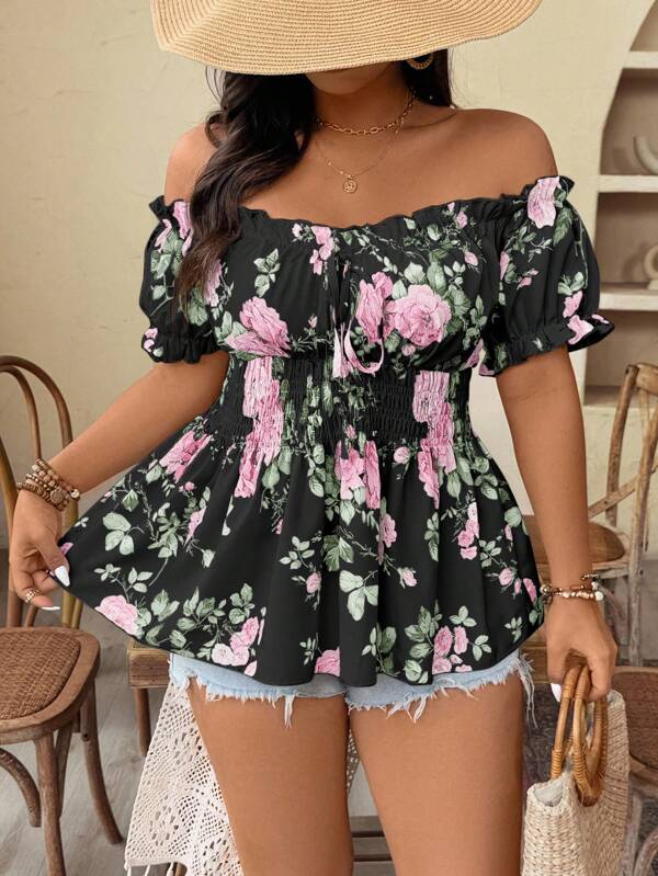 Weeklong Spring/Summer New Plus Size Women Off Shoulder Cinched Waist Tie Front Floral Print Elegant Fashionable Blouse, Suitable For Dates, Travel, Etc.