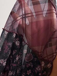 Bohemela 女式格子拼布和碎花长袖上衣 - 藏蓝色 - 查看 8