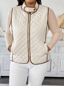 EMERY ROSE Plus Size Women's Simple Color Block Padded Vest, Garment Winter Fall Autumn - Apricot - View 4