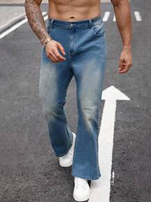 Manfinity Homme Retro Blue Slit Hem Design Jeans, Fashionable & Slim Fit Straight Leg Flared Pants For Men - Blue - View 4