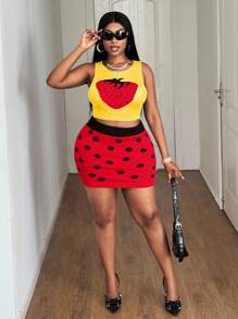 Maweii Bộ đồ dệt kim hai mảnh dáng ôm dáng cỡ lớn cho nữ, áo vest ngắn màu dâu tây + chân váy mini, màu trơn, xanh lá cây, bộ đồ len bó gợi cảm, trang phục dự tiệc mùa hè cho nữ - Nhiều màu - Xem 4