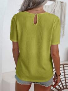 SHEIN LUNE 夏季休闲纯色褶皱泡泡袖衬衫 - 黃色 - 查看 2