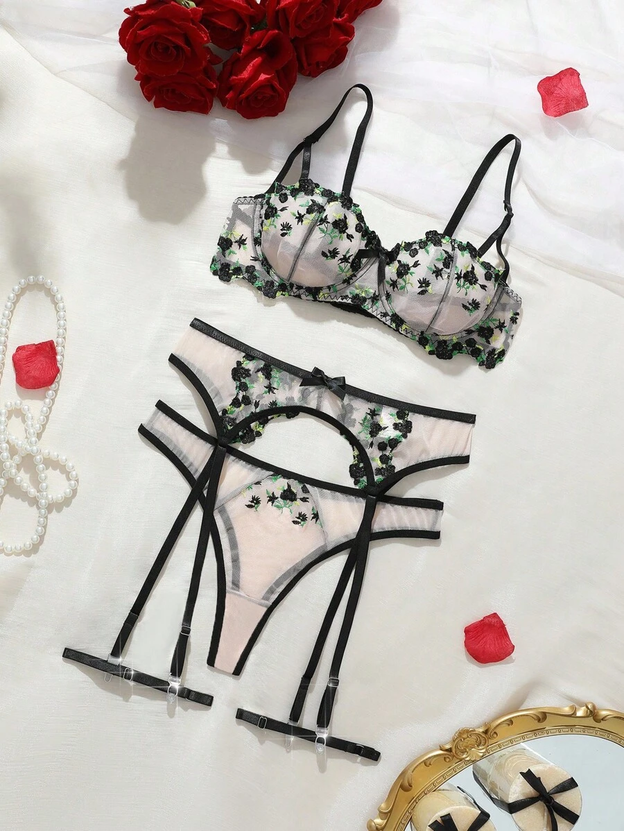 SHEIN 5件套彩色刺绣钢圈性感内衣套装 - 彩色 - 查看 1