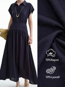 Aalyst 女士简约优雅高端休闲亚麻质感衬衫领前开半开腰收腰 A 字长裙，适合办公室、度假、下午茶、音乐/啤酒节、春夏季 - 藏蓝色 - 查看 1