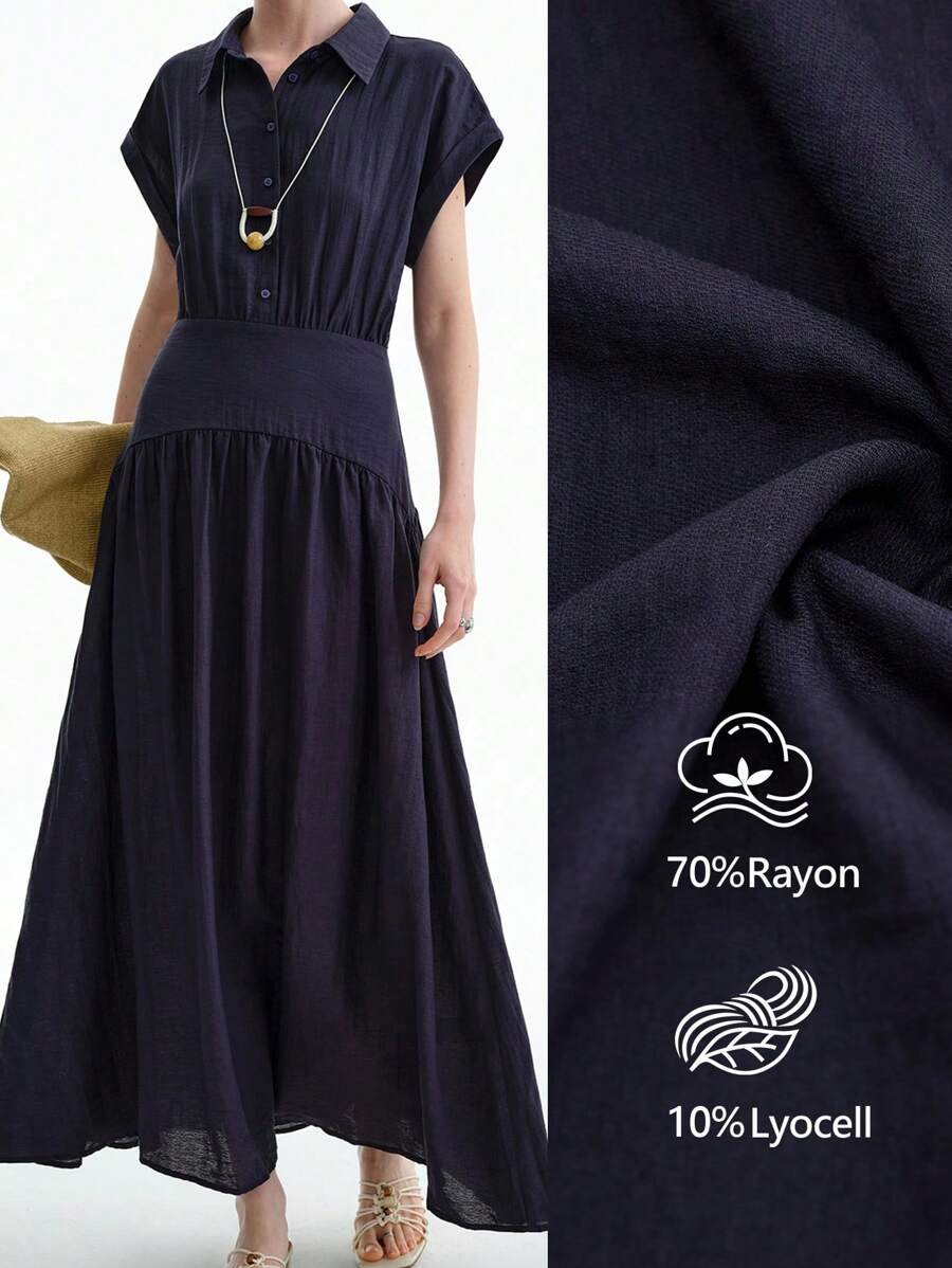 Aalyst 女士简约优雅高端休闲亚麻质感衬衫领前开半开腰收腰 A 字长裙，适合办公室、度假、下午茶、音乐/啤酒节、春夏季 - 藏蓝色 - 查看 1