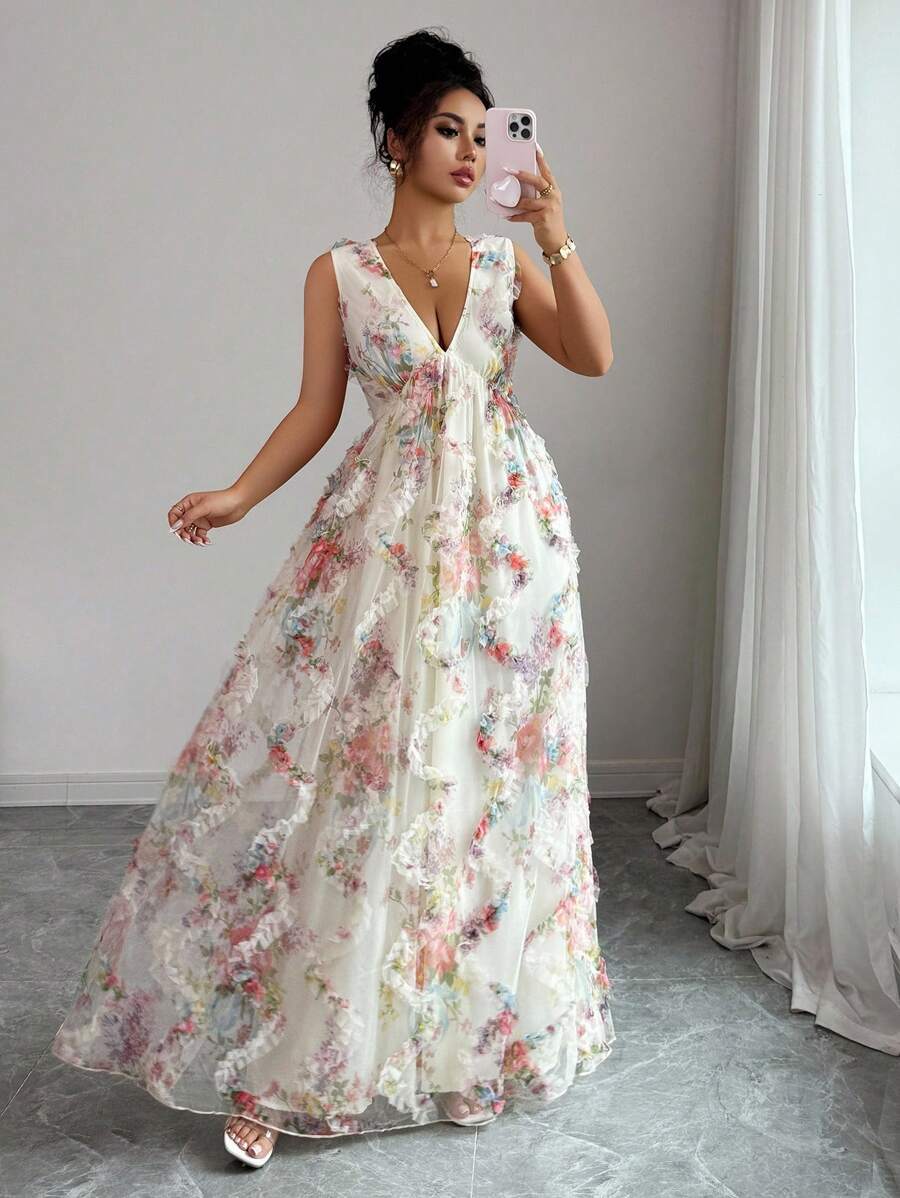 Elenzga Gaun Wanita Elegan Romantis Model Mengembang, Tanpa Lengan, Leher V, Pinggang Terikat, Bahan Jaring Kasa Bermotif Bunga - MultiWarna - View 1