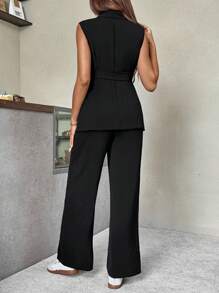 SHEIN 孕妇纯色束带背心西装外套和阔腿裤两件套 - 黑色 - 查看 2